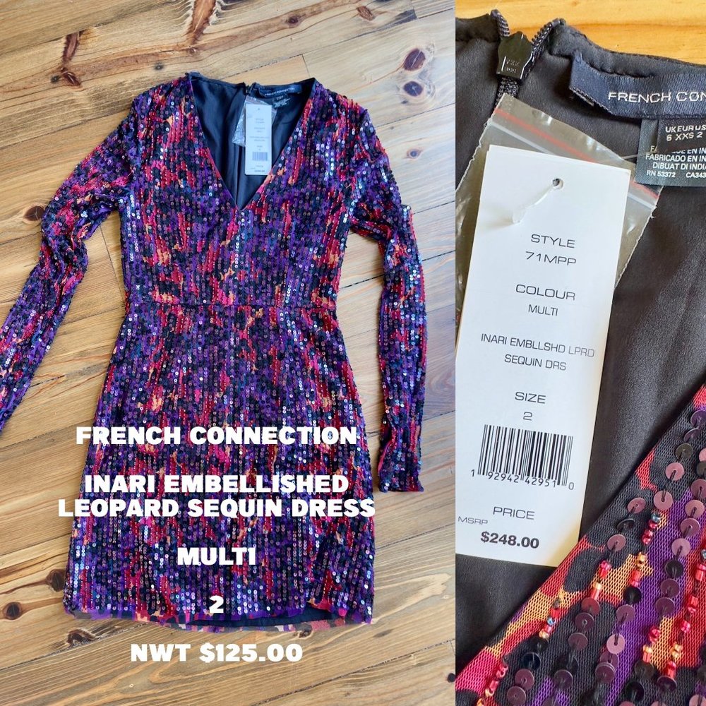 French Connection Inari Embellished Leopard Sequin Dress NWT